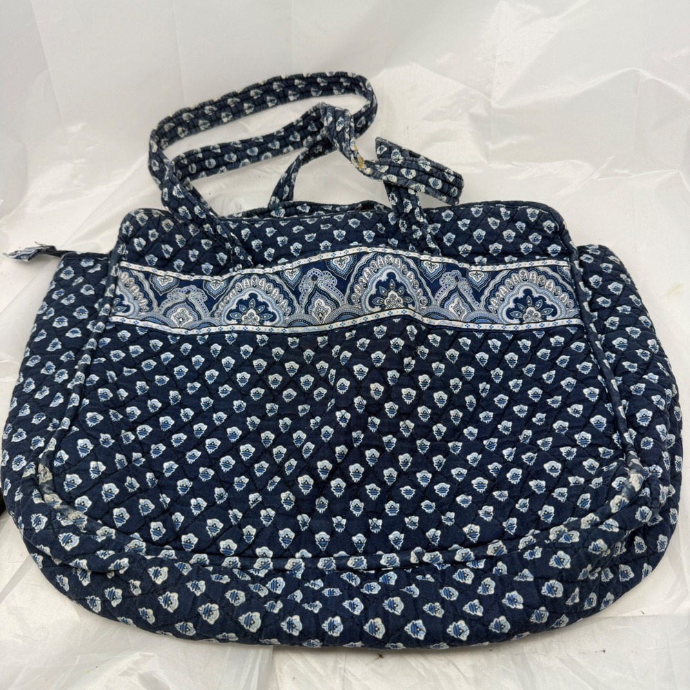 Vera Bradley Navy Blue Floral Quilted Cotton Shoulder Bag Tote Paisley Trim